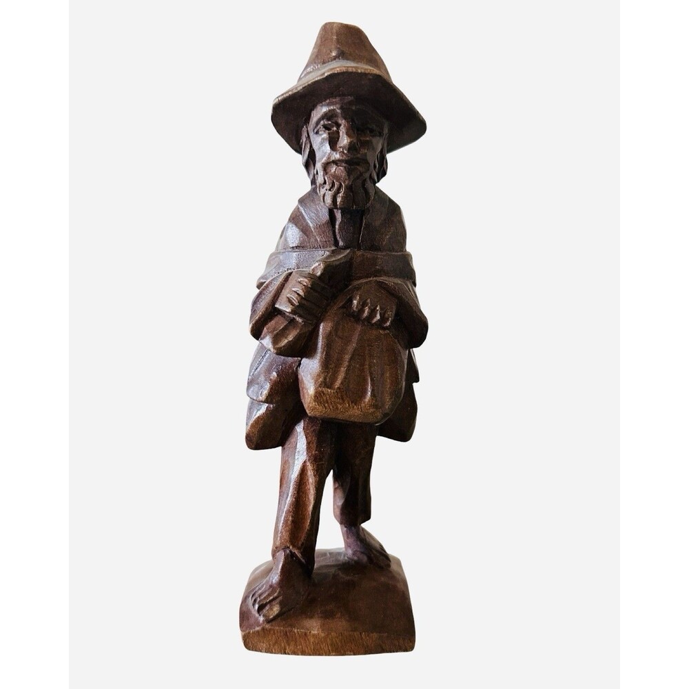 Wanderer Hobo Peddler Wood Carved Barefooted Holding Bowl Handmade Vintage
